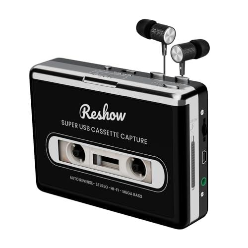 Reshow Grabadora de casete portátil, convertidor de casete USB a MP3, grabación inversa, con micrófono integrado y altavoz, incluye auriculares (blanco)