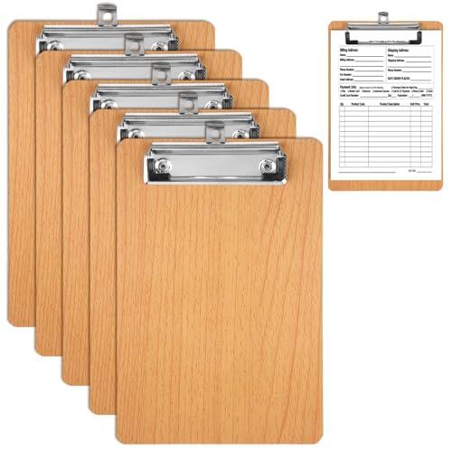 5 Piezas A5 Portapapeles con Pinza, A5 Portapapeles de Madera con Pinza y Agujero para Colgar, Tableros con Pinza para Notas, Carpeta con Pinza, para Escuela Oficina Restaurante (14,5x21,5 cm)