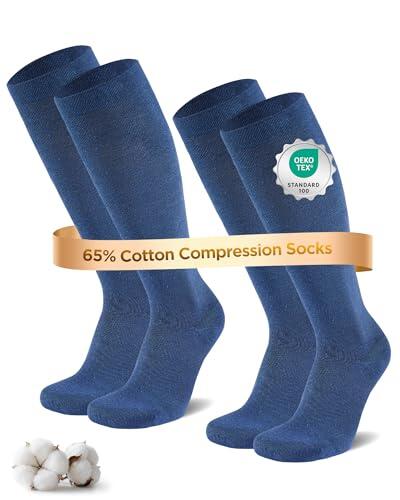 Niofind Medias de Compresion Mujer y Hombre – 2 Pares de Calcetines de Compresión y Calcetines Hasta la Rodilla Hechos de 65% Algodón – Ideales para Deporte, Trabajo, Vuelos y Embarazo