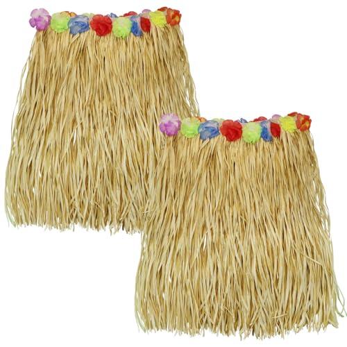 Pack de 2 faldas de hierba, falda de hula de rafia con flores elásticas de hibisco para adultos, mujeres, hombres, tropicales, hawaianas, fiestas, verano, playa, fiesta luau, amarillo, 60 x 90 cm