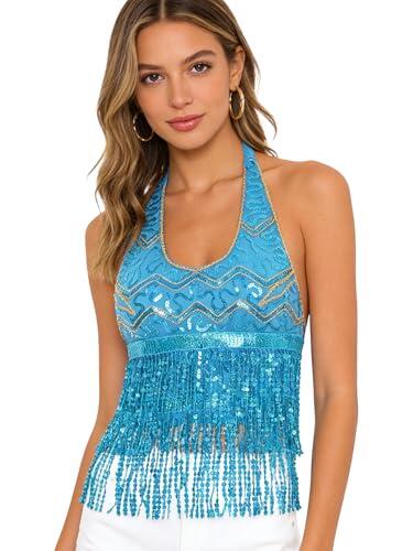 Freebily Top De Danza del Vientre para Mujer Camiseta Sin Mangas Crop Top con Flecos Disfraz para Fiesta De Halloween Azul Claro Talla única