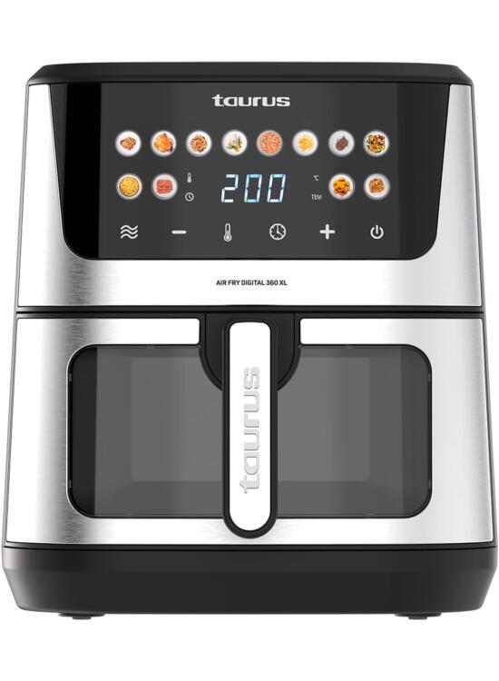 Taurus – Freidora aire Air Fry Digital 360 XL | 2100W | 8L | 12 programas | Pantalla táctil | Doble resistencia | Interior metálico | Precalentado | Libre de BPA y PFOA | Recetario online