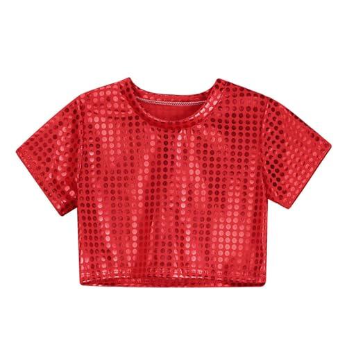 Aguja para cárdigan casual con lentejuelas brillantes, disfraz de fiesta, carnaval, vestido de manga corta, camiseta de bebé para niña, 56 (rojo, 12-14 años)
