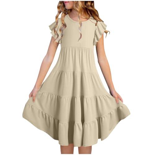 Mjjsk Vestido de verano para niñas, casual, manga con volantes, acampanado, vestido de fiesta, hawaiano, vacaciones, playa, vestido de verano, ropa escolar, A02, beige, 14-15 años