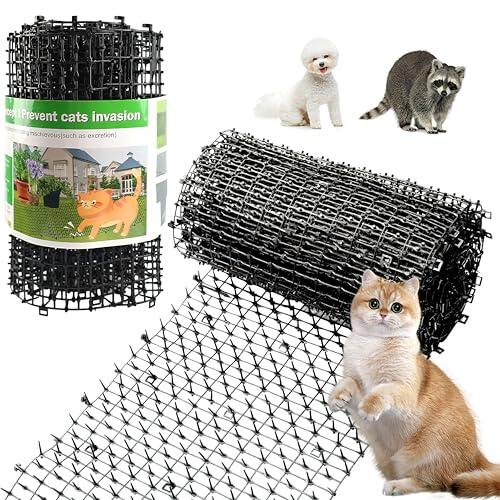 Kokmeya Tapete para mascotas, negro, 1,98 m con 8 estacas para el suelo y 8 bridas de plástico, alfombrilla para gatos con picos suaves para jardín/patio trasero, perro y mapache, 200 cm x 28 cm.