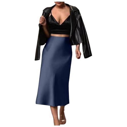 Generisch 2025 - Falda de raso estrecha para mujer, color sólido, longitud media, longitud hasta la cadera, falda de cola de pez moda nupcial, azul oscuro, S