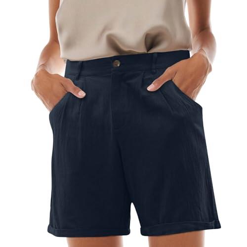 2025 - Pantalones cargo lisos casuales para mujer con cremallera y bolsillos con botones, plisados, pantalones casuales, pantalones cortos de yoga para mujer, mini, marine, XXL