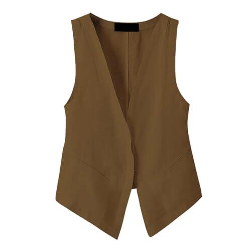 Generisch Chaleco ancho de lino sin mangas para mujer para primavera y verano, chaleco de satén para mujer, marrón, XL