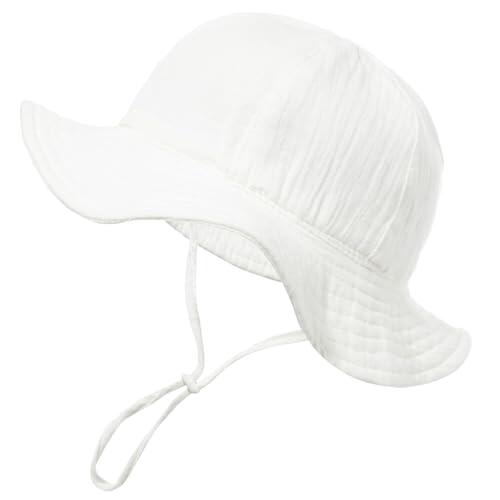 HZHSGLY Sombrero de Sol para Bebé 6-12 Meses, Sombrero de Pescador con Correa de Barbilla Ajustable, ala Ancha de Algodón Transpirable para Protección UV (Blanco)
