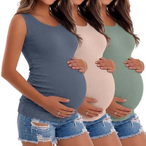 Riyiper Paquete de 3 Camisetas sin Mangas para Mujer Embarazada, de algodón, con Laterales de Punto Acanalado y Fruncido(Verde Claro, Rosa Polvoriento, Azul neblina,M)