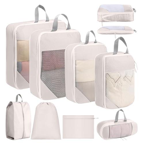 SYEXDZON Bolsas Compresion Viaje para Maleta, 8 Piezas Expandible Viajes Packing Cubes para Mochila, Ultra ligero bolsas viaje organizador para Equipaje de Mano (Beige)