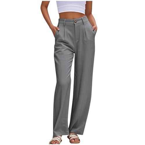 Pantalones Mujer Verano Anchos Suelto Rectos Cintura Alta Pantalon de Vestir Casual Elástica Pantalón Chino con Botones Cómodos Frescos Oficina Pantalones de Traje con Bolsillos