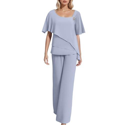 Vhersily Conjunto de 2 piezas para mujer, elegante, de gasa, camisa de manga corta y pantalones de 2 piezas, talla grande, para ceremonia, para ocio, entrenamiento, transpirable, para cóctel, fiestas