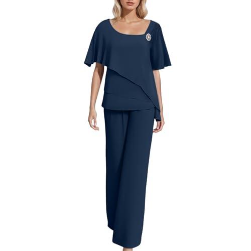 Vhersily Conjunto de 2 piezas para mujer, elegante, de gasa, camisa de manga corta y pantalones de 2 piezas, talla grande, para ceremonia, para ocio, entrenamiento, transpirable, para cóctel, fiestas