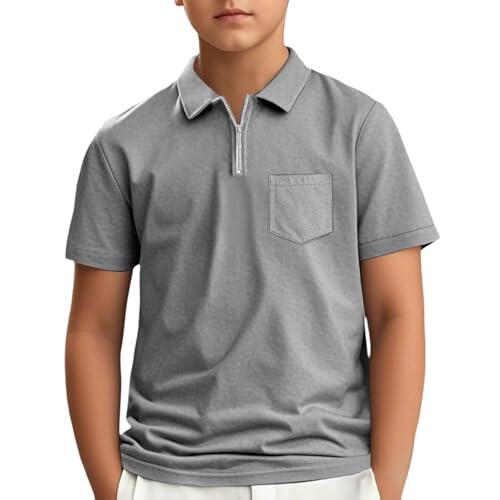 Generisch Camiseta de manga corta para niños, camiseta deportiva de verano, camiseta de manga corta, monocolor, con botones, informal, ropa de calle, Camiseta K1-gris, 11-12 años