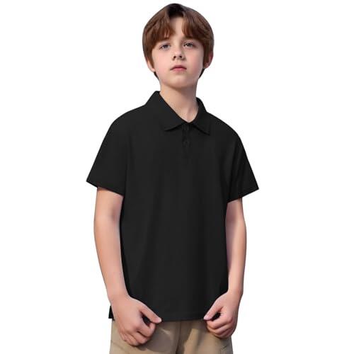 Generisch Camiseta de manga corta para niños, camiseta deportiva de verano, camiseta de manga corta, monocolor, con botones, informal, ropa de calle, Camiseta K3-negro, 12-13 años