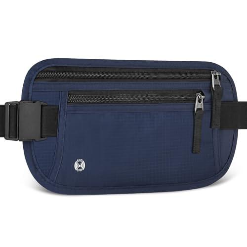 Cinturones de Dinero Ocultos, Riñonera de Seguridad Antirrobo con Bloqueo RFID, Riñonera Deportiva Ajustable, para Pasaportes, Tarjetas y Efectivo - Azul Oscuro