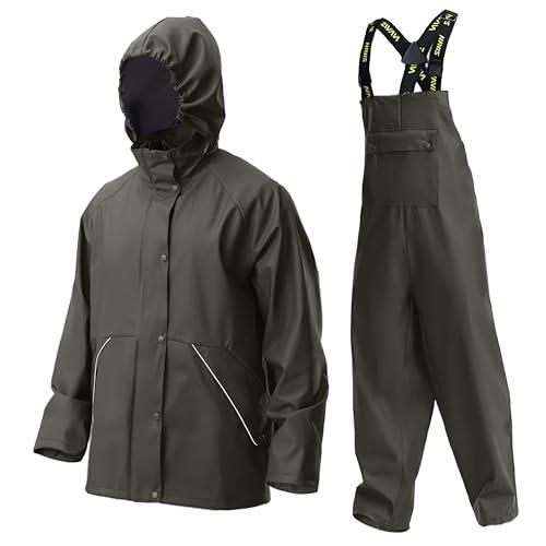 Navis Marine Traje de Lluvia Hombre – PU Resistente Impermeable y duradero con capucha y pantalón de tirantes, ideal para trabajo, pesca, construcción y actividades al aire libre(Green,S)