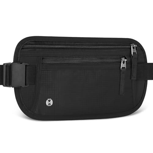 Aucuu Cinturones de Dinero Ocultos, RFID Riñonera de Seguridad Antirrobo, Riñonera Viaje con Bloqueo, Riñonera Deportiva, Cinturón Ajustable, para Pasaportes Tarjetas Efectivo-Negro