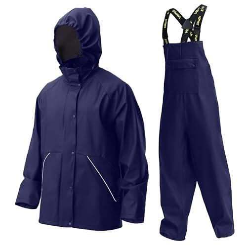 Navis Marine Traje de Lluvia Hombre – PU Resistente Impermeable y duradero con capucha y pantalón de tirantes, ideal para trabajo, pesca, construcción y actividades al aire libre(Blue,L)