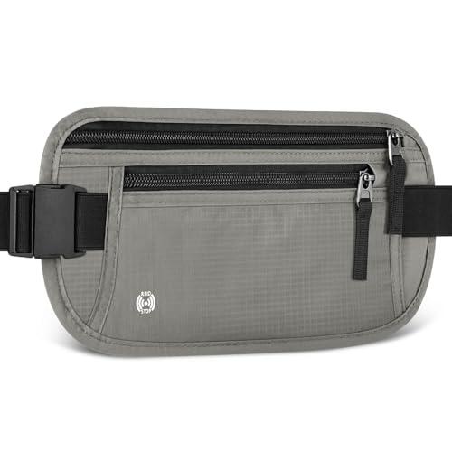 Cinturones de Dinero Ocultos, Riñonera de Seguridad Antirrobo con Bloqueo RFID, Riñonera Deportiva Ajustable, para Pasaportes, Tarjetas y Efectivo - Gris Claro
