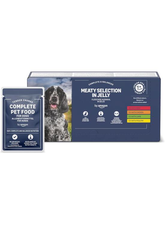by Amazon Alimento completo para perros sénior, Selección de carne en gelatina, 4.8kg (48 bolsitas de 100g)