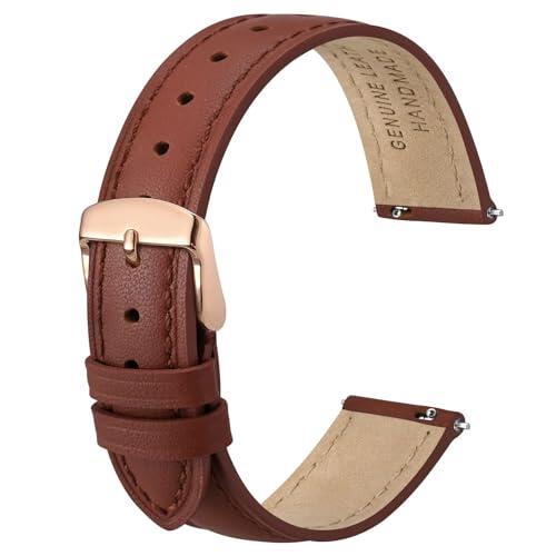 Anbeer 14mm Correa de reloj de cuero genuino plana y elegante,Correa de reloj de repuesto de liberación rápida,Rojo ladrillo con hebilla de oro rosa