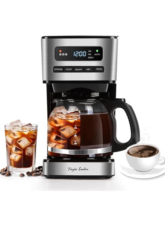 Taylor Swoden Cafetera Goteo 12 Tazas(1.8L) - Programable 24H con LED, 3 Niveles + Modo Café Helado, Jarra Borosilicato, 40 Min Mantener caliente+Autoapagado, Autolimpieza, Antigoteo, Inoxidable, 900W