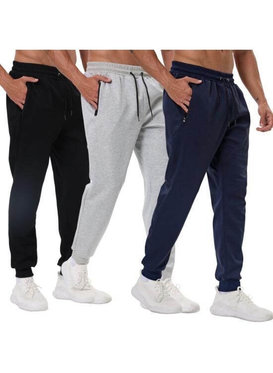 Paquete de 3 pantalones deportivos para hombre con bolsillos con cremallera, pantalones de entrenamiento para gimnasio, pantalones deportivos para correr y trotar