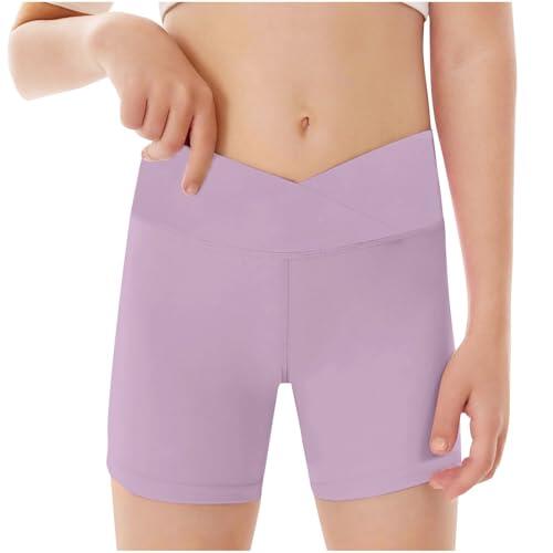 Pantalones cortos de ciclismo cruzados para niñas, pantalones cortos de gimnasio, cintura alta, control de abdomen, pantalones cortos de yoga para entrenamiento, Morado (, 7-8 años