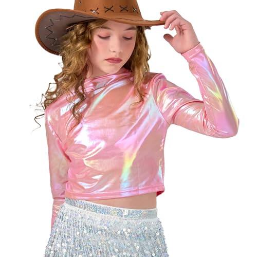LOLANTA Top Corto metálico de Cuello Alto para niña, Camisa Brillante de Baile para Hip Hop, Discoteca, Escenario y Fiesta, Rosa, 8-9 años, 140