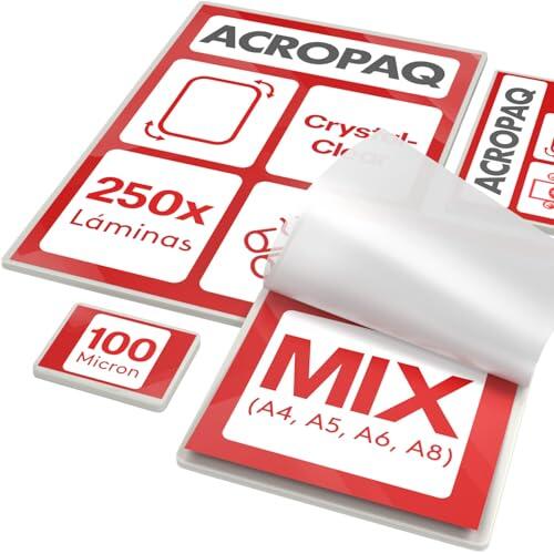 ACROPAQ Fundas para plastificar MIX - Diferentes formatos, 100 micras, 250 fundas (50 x A5, A6, A8), (100 x A4), Superficie brillante, Esquinas redondeadas - Laminas plastificar