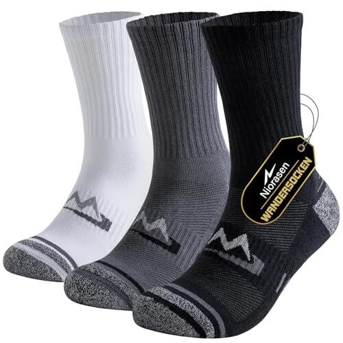 Niorasen Calcetines Trekking Hombre, 3 Pares Calcetines Deporte de Algodón Transpirables, Acolchado y Antiampollas para Senderismo, Tenis y Running