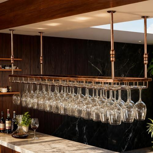 Dernoing 120cm Soporte para Copa de Vino Colgante de Metal, Altura Ajustable Colgador de Copas de Techo para Bar, Colgador Copas con Invertido Tallo para Barra Bar/Club (BN, 120x40x(30-60) cm)