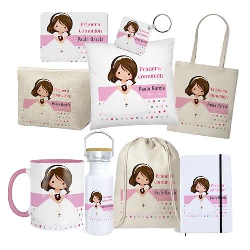 Kembilove Pack Comunión Personalizado para Niña | Monta tu Pack con Taza Cojín Bolsa Estuche Botella Cuaderno y Más | Regalo Original con Nombre y Fecha para Primera Comunión