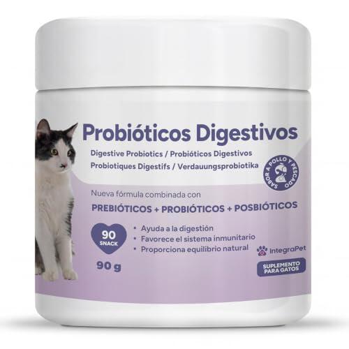 IntegraPet Probióticos para Gatos – 90 Snack Gatos en Forma de Corazón, Sabor Pescado y Pollo, con Prebióticos y Postbióticos, para Flora Intestinal, Digestión y Defensas
