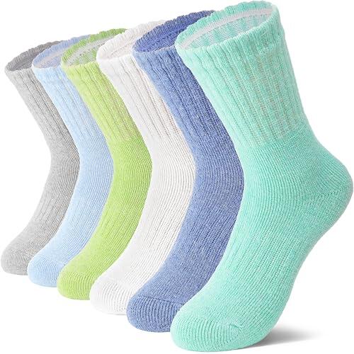 MOSEY KOSY 6 Pares Calcetines Niños Lana Merino para Caminar Chicos Chicas Bebés Invierno Térmicos Gruesos Abrigados Acolchados Calcetines Crew para Senderismo(Colores fuertes,34-38)