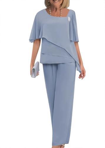 Conjunto de dos piezas de vestido de noche elegante de gasa y tul para mujer blusa y pantalón de talla grande para bodas cócteles festivales gasa pantalones anchos de pierna (Azul Gris,XXL)