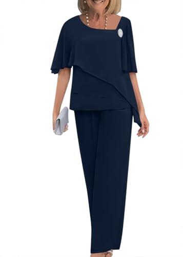 Goolecrimp Conjunto de dos piezas de vestido de noche elegante de gasa y tul para mujer blusa y pantalón de talla grande para bodas cócteles festivales gasa pantalones anchos de pierna (B Marina,XXL)