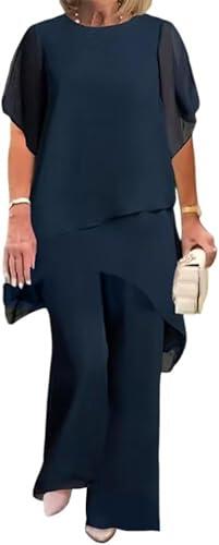 Conjunto de dos piezas de vestido de noche elegante de gasa y tul para mujer blusa y pantalón de talla grande para bodas cócteles festivales gasa pantalones anchos de pierna (Una Marina,XXL)