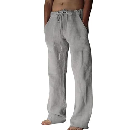 Litthing Pantalones de Lino para Hombre Pantalon de Jogging Algodón Pants Casuales de Verano con Bolsillos Color Sólido Pantalones Holgados con Cordón Pantalon Cómodos y Ligeros