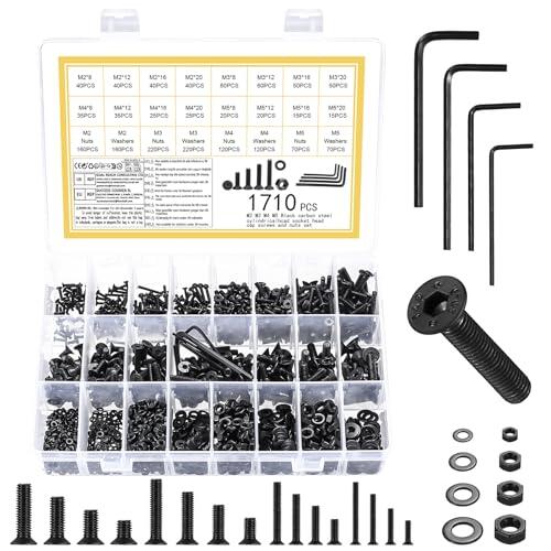 1710 PiezasTornillos M2 M3 M4 M5, Juego de Tornillos y Tuercas, Tornillos de Cabeza Plana Avellanada de Hexagonal y Tuercas y Arandelas Kit, Tornillo de Cabeza Hueca Hexagonales Negro