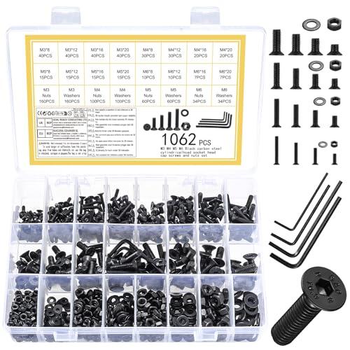 1062 PiezasTornillos M3 M4 M5 M6, Juego de Tornillos y Tuercas, Tornillos de Cabeza Plana Avellanada de Hexagonal y Tuercas y Arandelas Kit, Tornillo de Cabeza Hueca Hexagonales Negro