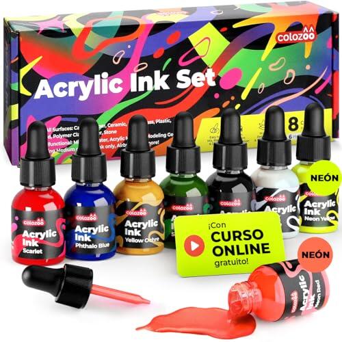 Colozoo Set de Tinta Acrílica 8x20ml, permanente y resistente al agua, 6 colores primarios y 2 neón, pintura líquida para aerógrafo, pouring, medium acrílico, tinta acrílica para todas las superficies