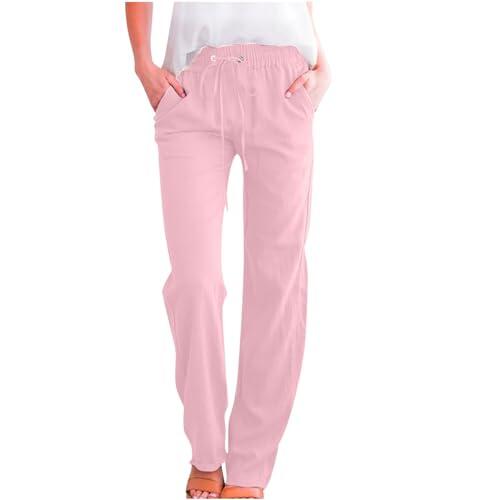 Pantalones casuales para mujer, cintura y pierna ancha, pantalones casuales con cordón, pantalones elásticos, cómodos pantalones largos con pierna recta y bolsillos, pijama para mujer, Rosa., XL