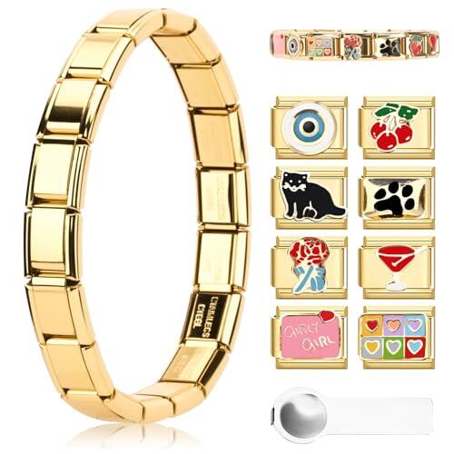 Pulsera de charms italianos de Ouxayapl en oro, set de pulseras con charms italianos, módulos desmontables DIY para pulseras de 9mm, pulseras de charms italianos en oro con herramienta de apertura