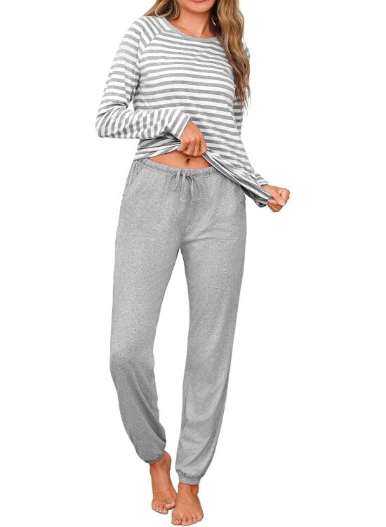 Uniexcosm Pijama de Mujer Largo Algodón Conjunto de Pijamas Mujer 2 Piezas Manga Larga en Cuello Redondo Raya Top y Pantalones