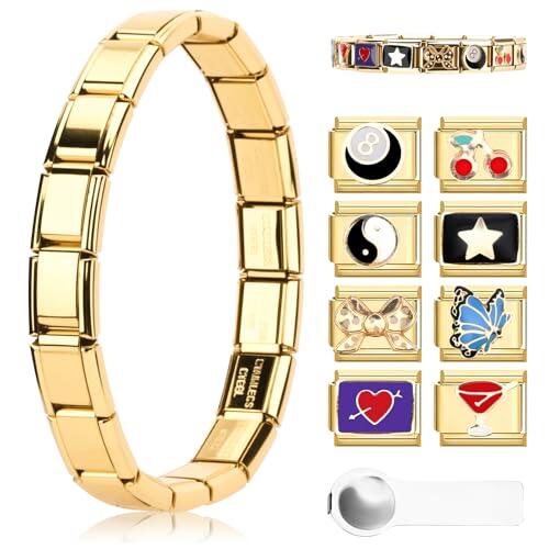 Pulsera con dijes italianos Ouxayapl en oro, conjunto de pulseras con dijes italianos, módulos desmontables DIY para pulseras de 9 mm, pulseras con dijes italianos en oro con herramienta de apertura