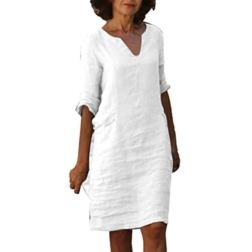 Vestido de mujer de algodón y lino de manga corta para vacaciones, semi informal, cuello de pico, minivestido de color liso, vestido amarillo, corto, Blanco, M