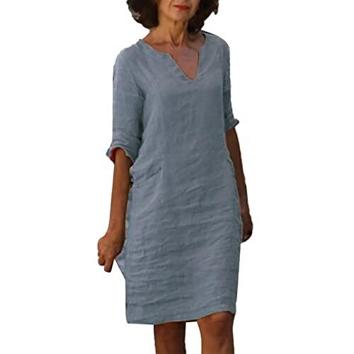 Vestido de mujer de algodón y lino de manga corta para vacaciones, semi informal, cuello de pico, minivestido de color liso, vestido amarillo, corto, gris, S